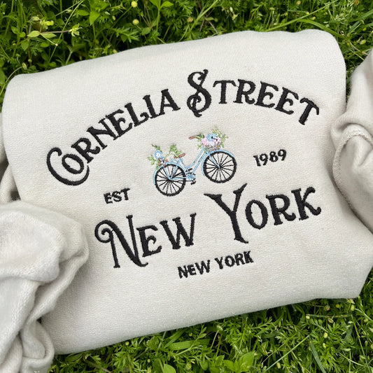 Cornelia Street & Bike Embroidered Crewneck - Lone Star Embroidery Shop